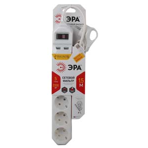 USF-5es-1.5m-USB-W Сетевой фильтр ЭРА (белый) с заземл, 3x0,75мм2, с выкл, 5гн+2USB, 1.5м - купить в Саратове